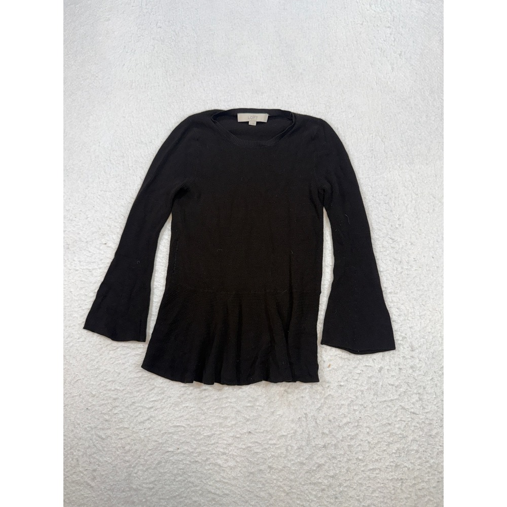 Loft Ann Taylor Black Ribbed Peplum Bell Sleeve Sweater XS